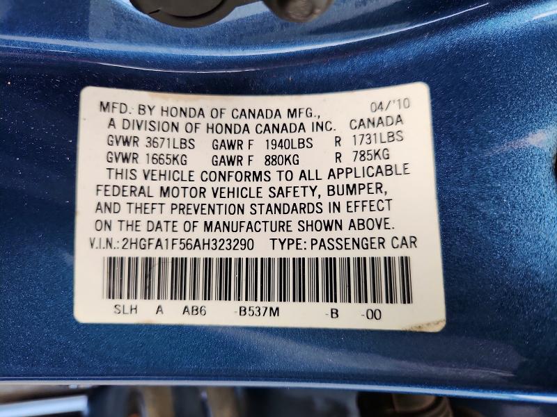 Продажа на аукционе авто 2010 Honda Civic, vin: 2HGFA1F56AH323290, номер лота: 62971586