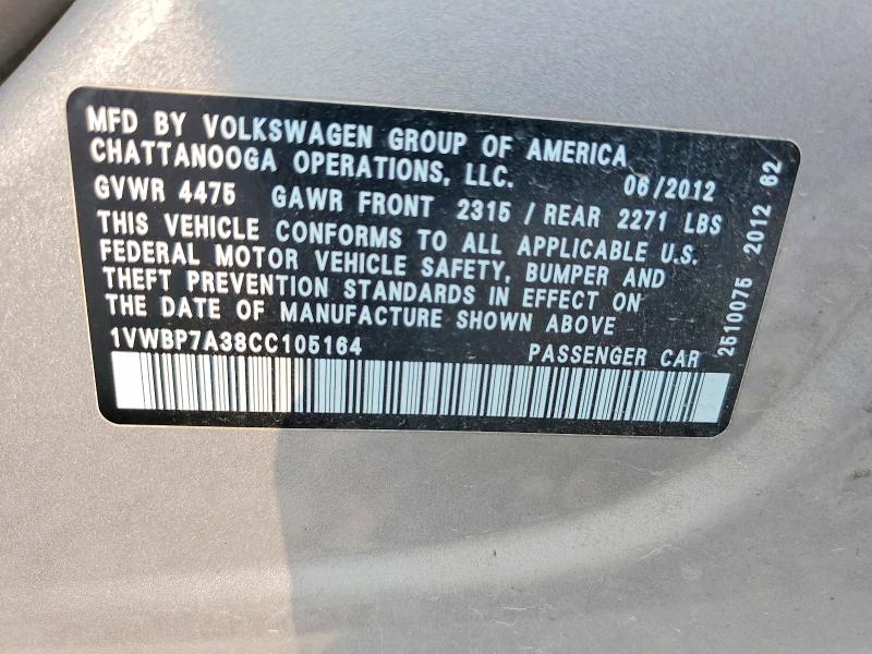 Продажа на аукционе авто 2012 Volkswagen Passat, vin: 1VWBP7A38CC105164, номер лота: 60425186