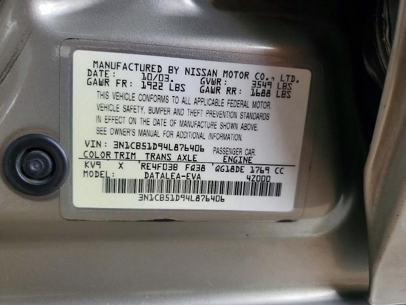 62101926 :رقم المزاد ، 3N1CB51D94L876406 vin ، 2004 Nissan Sentra مزاد بيع