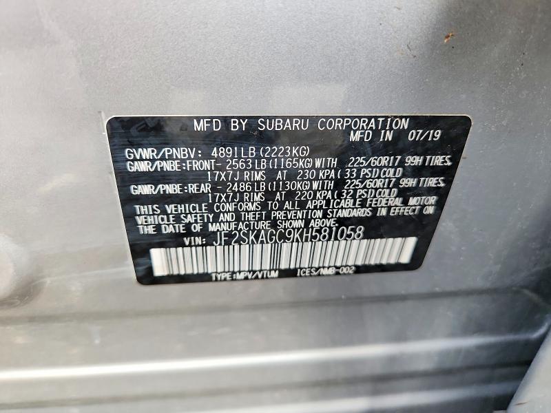 Продажа на аукционе авто 2019 Subaru Forester, vin: JF2SKAGC9KH581058, номер лота: 60364336