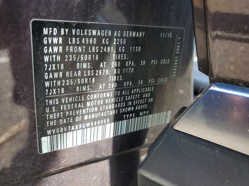 Aukcja sprzedaży 2016 Volkswagen Tiguan, vin: WVGBV7AX9GW566059, numer aukcji: 62460886