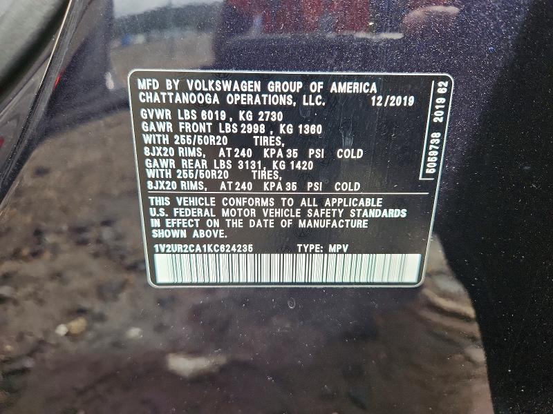 Продаж на аукціоні авто 2019 Volkswagen Atlas, vin: 1V2UR2CA1KC624235, номер лоту: 59950716