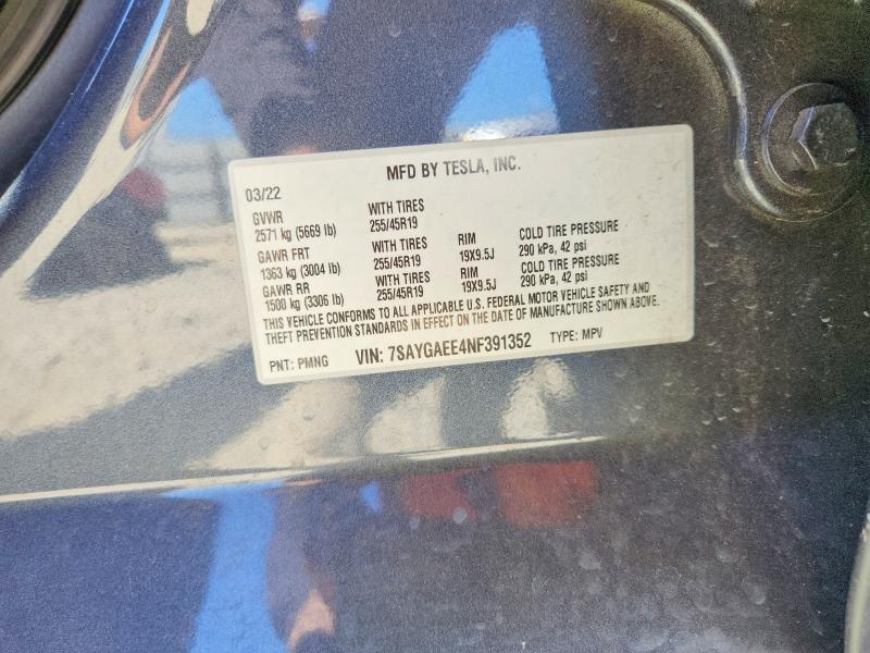 Продажа на аукционе авто 2022 Tesla Model Y, vin: 7SAYGAEE4NF391352, номер лота: 59854346