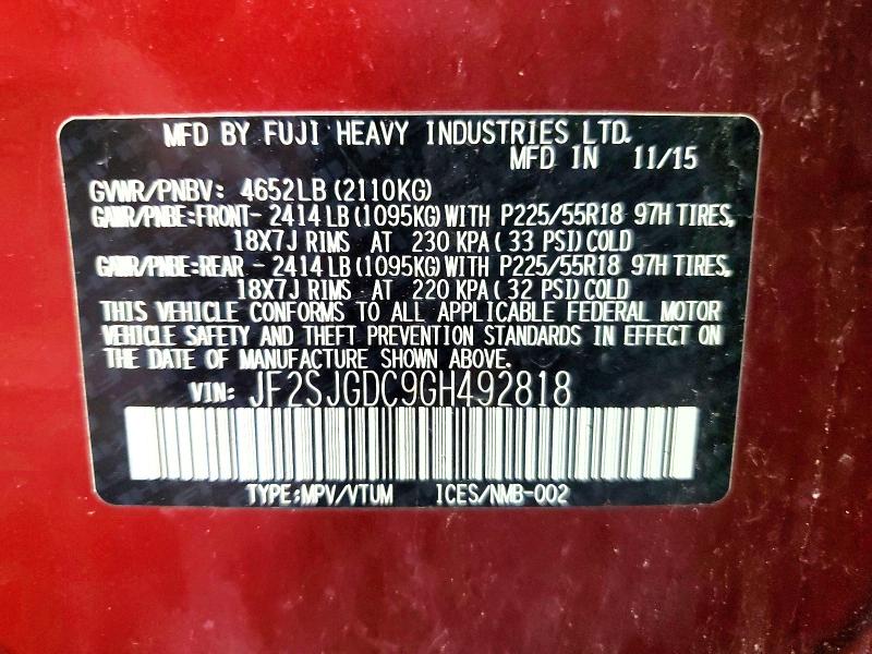 Продаж на аукціоні авто 2016 Subaru Forester, vin: JF2SJGDC9GH492818, номер лоту: 59032306