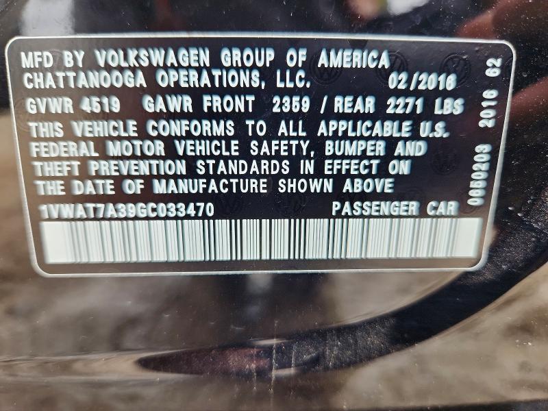 Aukcja sprzedaży 2016 Volkswagen Passat, vin: 1VWAT7A39GC033470, numer aukcji: 61055656