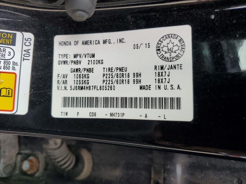 2015 Honda Cr-v მანქანა იყიდება აუქციონზე, vin: 5J6RM4H97FL805260, აუქციონის ნომერი: 58434126