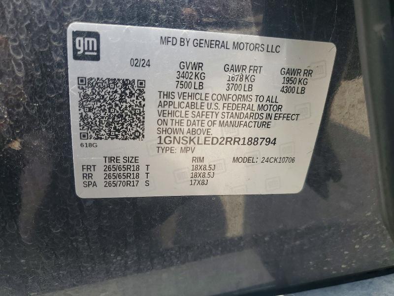 2024 Chevrolet Tahoe მანქანა იყიდება აუქციონზე, vin: 1GNSKLED2RR188794, აუქციონის ნომერი: 62042426
