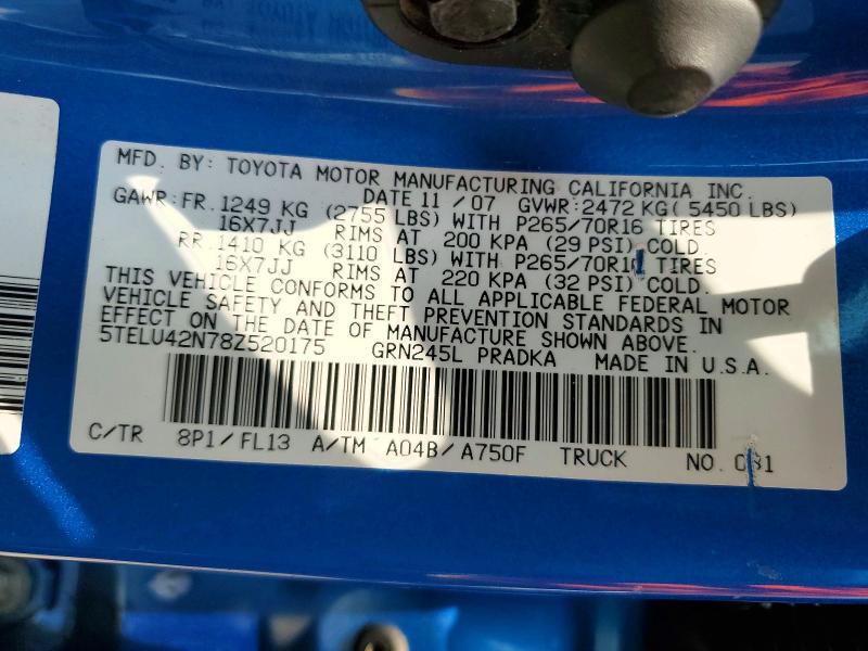 2008 Toyota Tacoma მანქანა იყიდება აუქციონზე, vin: 5TELU42N78Z520175, აუქციონის ნომერი: 62319366