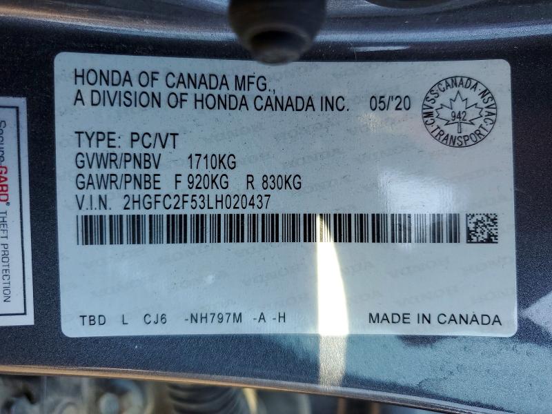 61171406 :رقم المزاد ، 2HGFC2F53LH020437 vin ، 2020 Honda Civic مزاد بيع