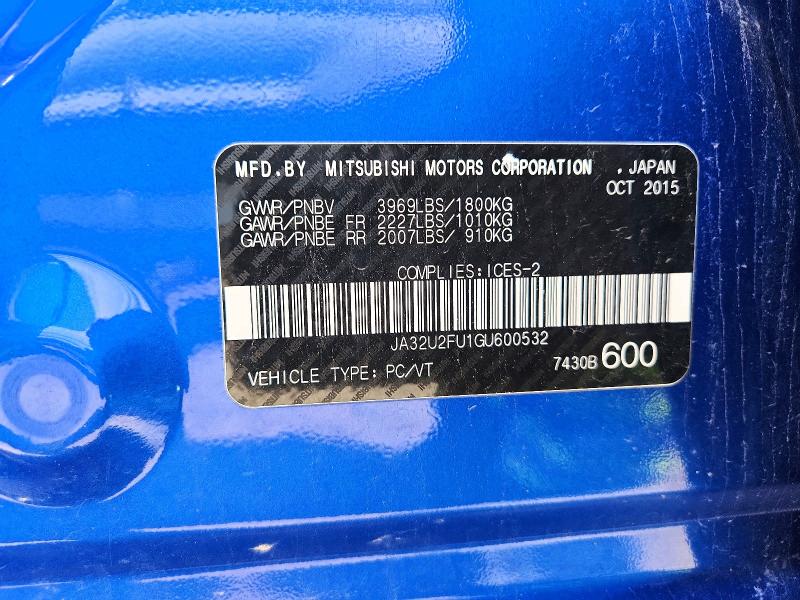 2016 Mitsubishi Lancer მანქანა იყიდება აუქციონზე, vin: JA32U2FU1GU600532, აუქციონის ნომერი: 60075096