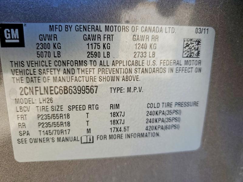 2011 Chevrolet Equinox მანქანა იყიდება აუქციონზე, vin: 2CNFLNEC6B6399567, აუქციონის ნომერი: 62486336