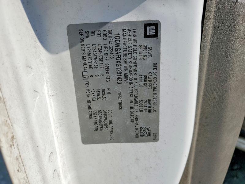 Aukcja sprzedaży 2016 Chevrolet Express G2500, vin: 1GCWGAFGXG1231430, numer aukcji: 62004086