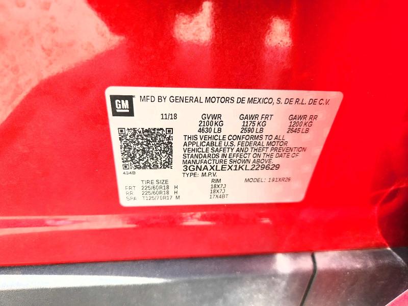 63186466 :رقم المزاد ، 3GNAXLEX1KL229629 vin ، 2019 Chevrolet Equinox مزاد بيع
