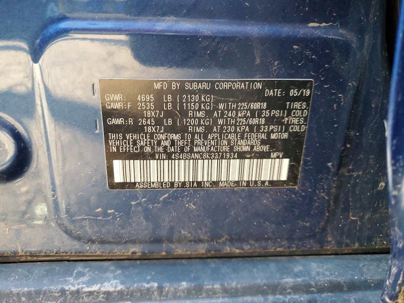 62944016 :رقم المزاد ، 4S4BSANC8K3371934 vin ، 2019 Subaru Outback مزاد بيع