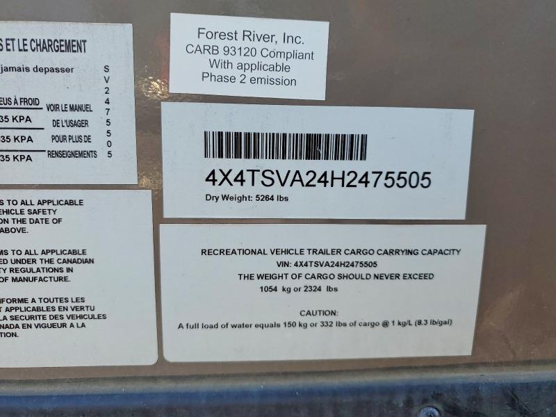 60037346 :رقم المزاد ، 4X4TSVA24H2475505 vin ، 2017 Fore - Forest River Surveyor مزاد بيع