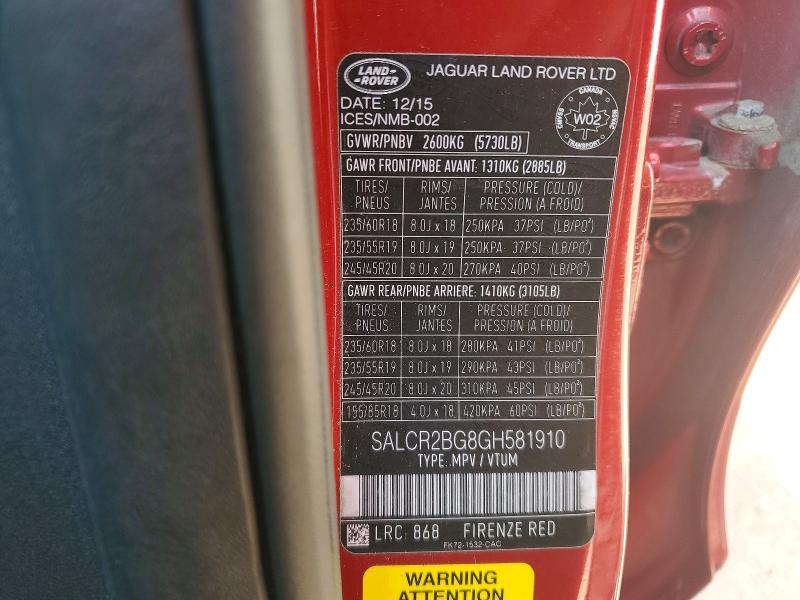 Aukcja sprzedaży 2016 Land Rover Discovery Sport, vin: SALCR2BG8GH581910, numer aukcji: 62301796
