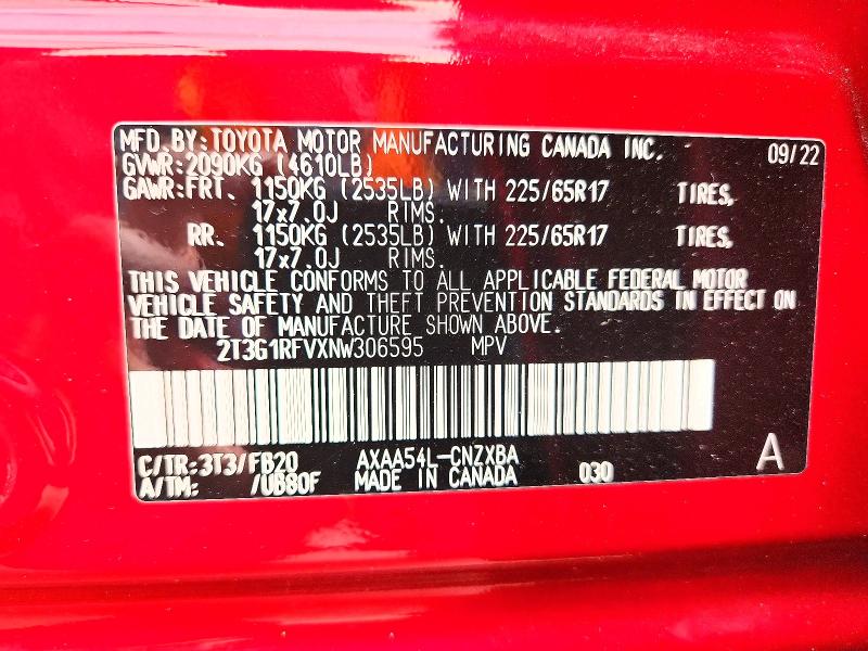 Продаж на аукціоні авто 2022 Toyota Rav4, vin: 2T3G1RFVXNW306595, номер лоту: 60593156