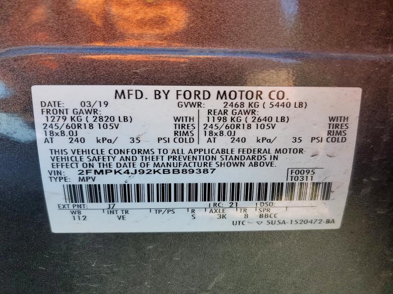 2019 Ford Edge მანქანა იყიდება აუქციონზე, vin: 2FMPK4J92KBB89387, აუქციონის ნომერი: 63394236
