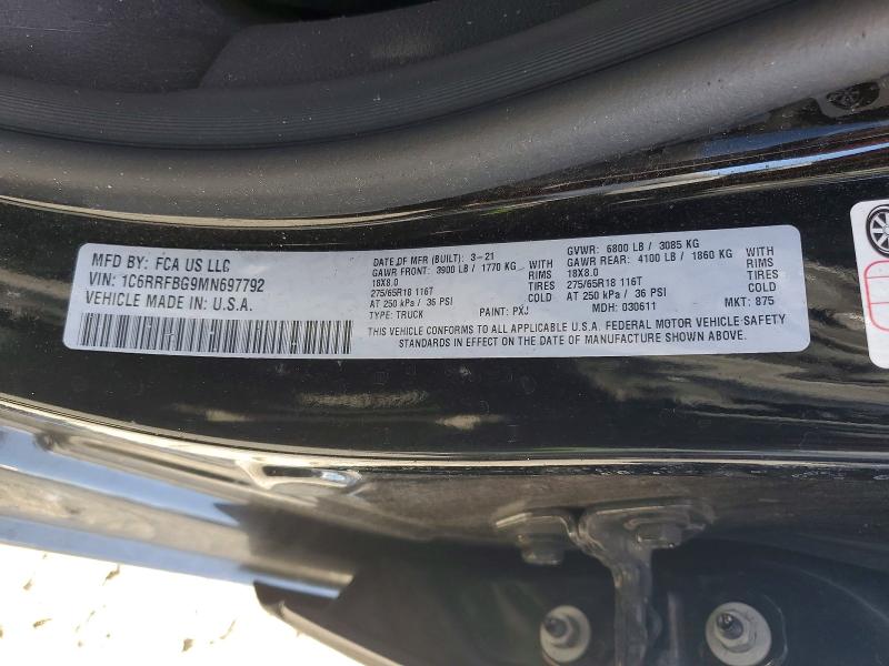 2021 Ram 1500 მანქანა იყიდება აუქციონზე, vin: 1C6RRFBG9MN697792, აუქციონის ნომერი: 60571236