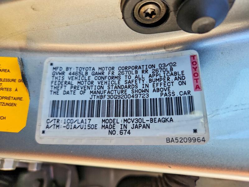 60833506 :رقم المزاد ، JTHBF30G920049723 vin ، 2002 Lexus Es مزاد بيع