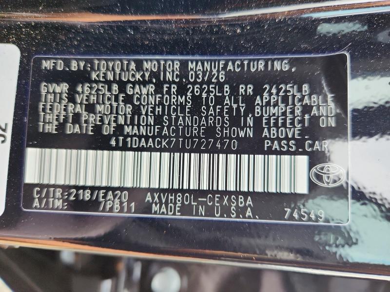 62759986 :رقم المزاد ، 4T1DAACK7TU727470 vin ، 2026 Toyota Camry مزاد بيع
