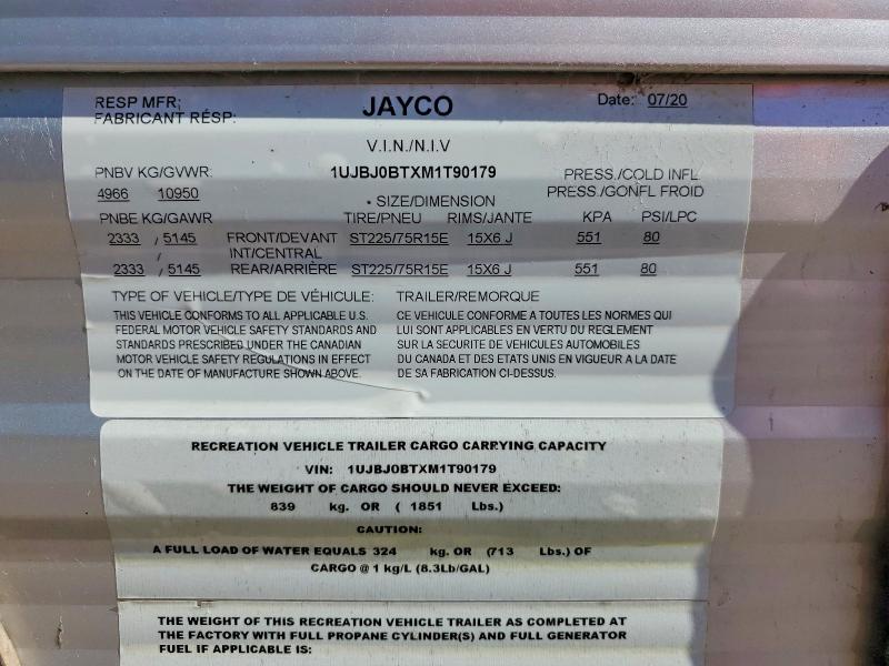 60133236 :رقم المزاد ، 1UJBJ0BTXM1T90179 vin ، 2021 Jaco Jay Flight Jayflight مزاد بيع
