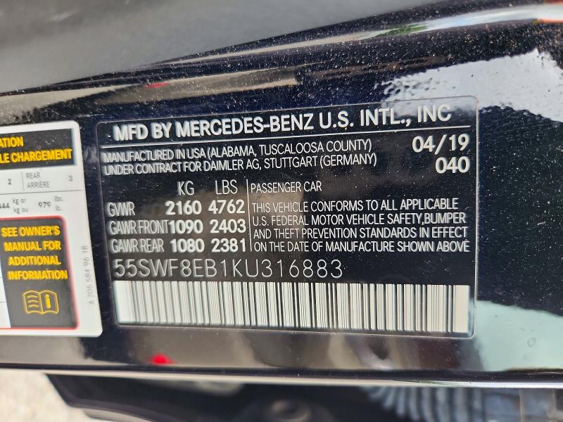 61685576 :رقم المزاد ، 55SWF8EB1KU316883 vin ، 2019 Mercedes-benz C مزاد بيع