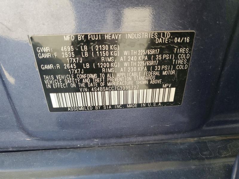 Продаж на аукціоні авто 2016 Subaru Outback, vin: 4S4BSACC7G3335727, номер лоту: 61634976