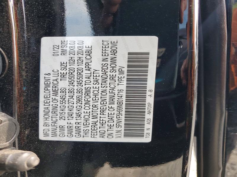 Aukcja sprzedaży 2022 Honda Pilot, vin: 5FNYF5H99NB014716, numer aukcji: 62008576
