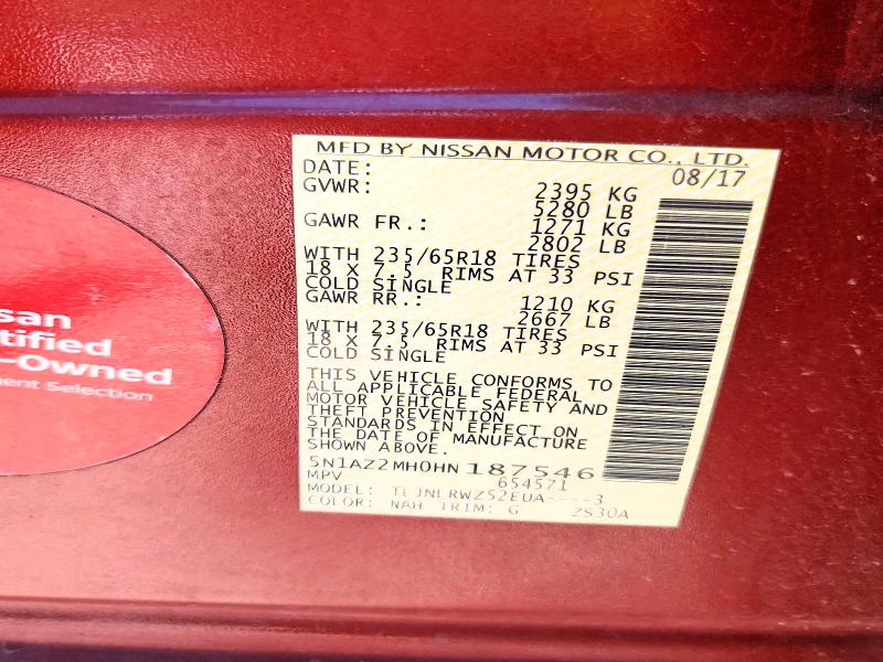 2017 Nissan Murano მანქანა იყიდება აუქციონზე, vin: 5N1AZ2MH0HN187546, აუქციონის ნომერი: 62529836