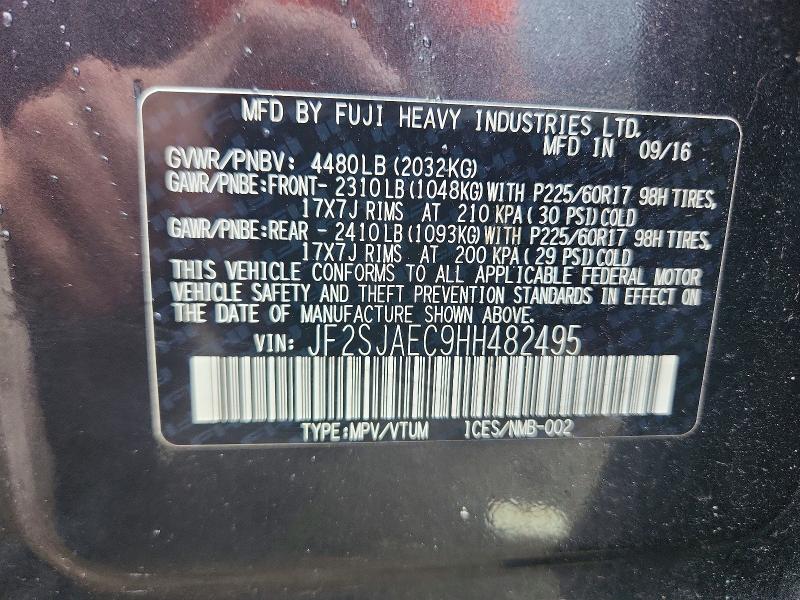 Aukcja sprzedaży 2017 Subaru Forester, vin: JF2SJAEC9HH482495, numer aukcji: 59947486