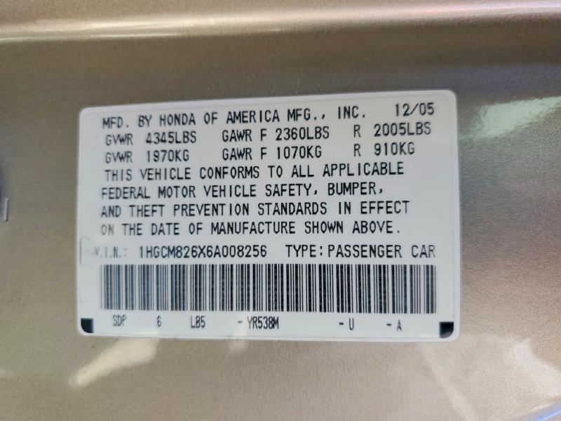 Продажа на аукционе авто 2006 Honda Accord, vin: 1HGCM826X6A008256, номер лота: 60462906