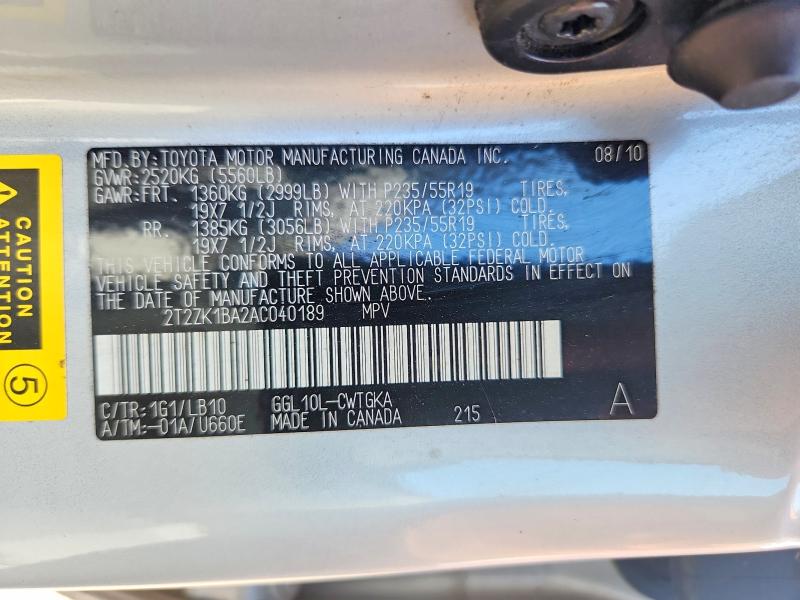 59647796 :رقم المزاد ، 2T2ZK1BA2AC040189 vin ، 2010 Lexus Rx مزاد بيع