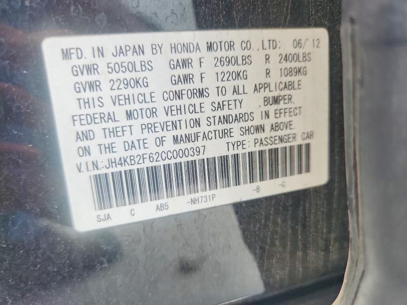 60450116 :رقم المزاد ، JH4KB2F62CC000397 vin ، 2012 Acura Rl مزاد بيع