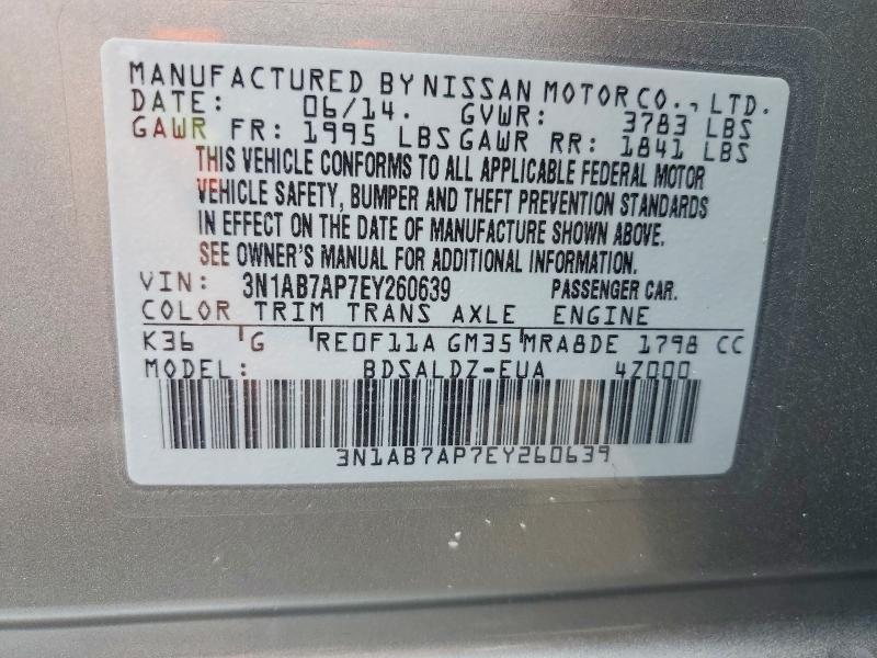 60955106 :رقم المزاد ، 3N1AB7AP7EY260639 vin ، 2014 Nissan Sentra مزاد بيع