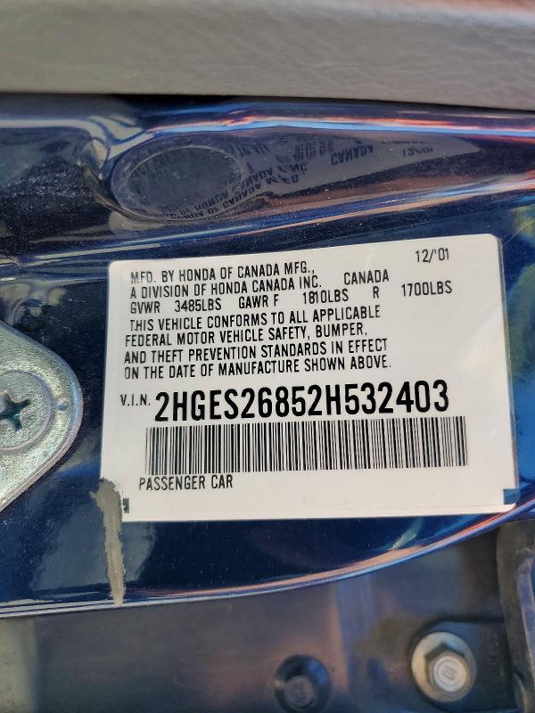 Auction sale of the 2002 Honda Civic, vin: 2HGES26852H532403, lot number: 59740796
