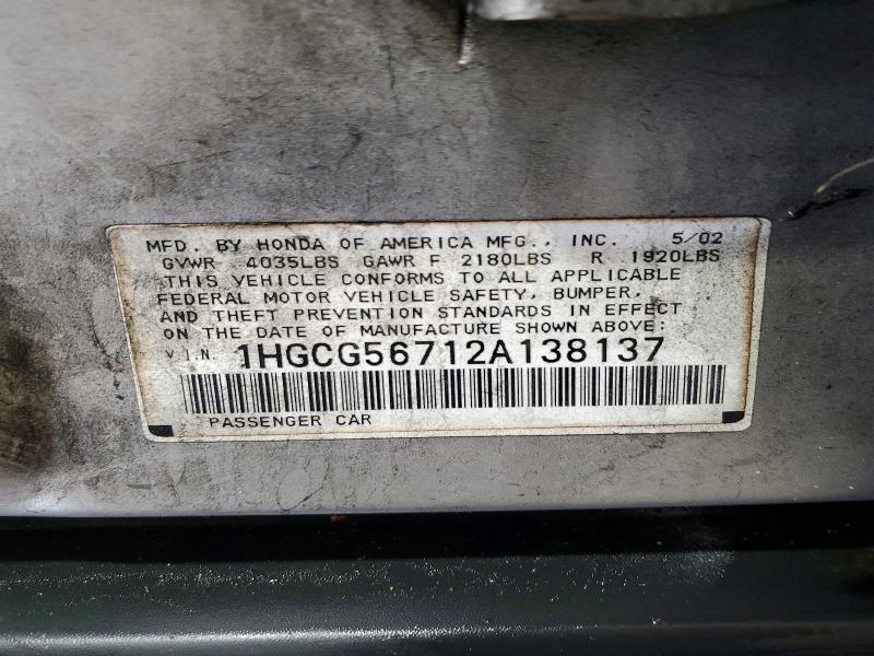 Продаж на аукціоні авто 2002 Honda Accord, vin: 1HGCG56712A138137, номер лоту: 62097636