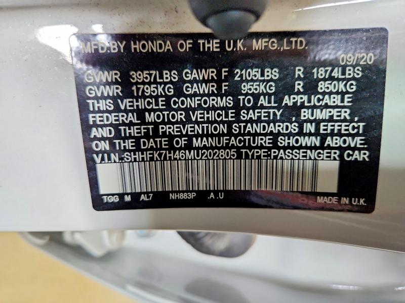 Продажа на аукционе авто 2021 Honda Civic, vin: SHHFK7H46MU202805, номер лота: 61978556