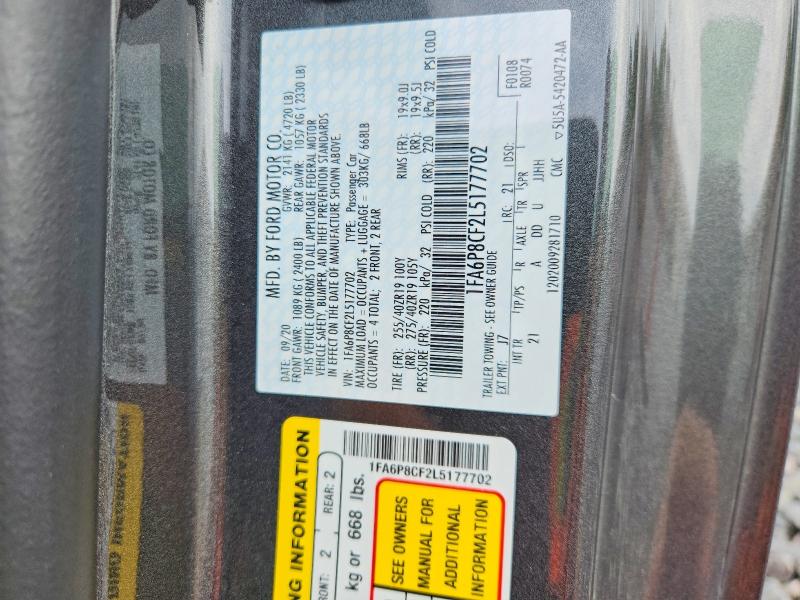 62063466 :رقم المزاد ، 1FA6P8CF2L5177702 vin ، 2020 Ford Mustang مزاد بيع