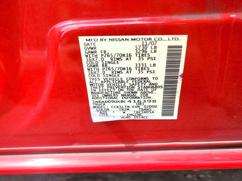 59997456 :رقم المزاد ، 1N6AD09UX8C416398 vin ، 2008 Nissan Frontier مزاد بيع