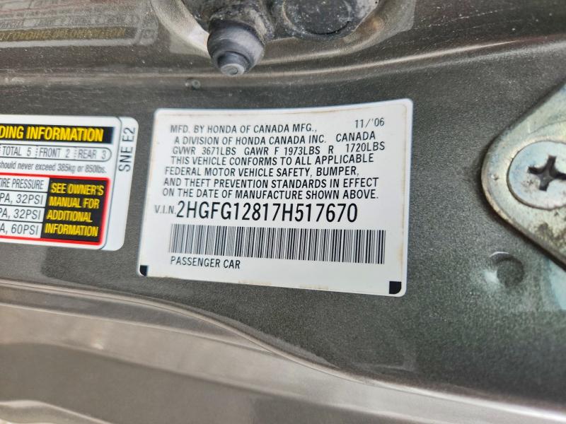 Продаж на аукціоні авто 2007 Honda Civic, vin: 2HGFG12817H517670, номер лоту: 62925386