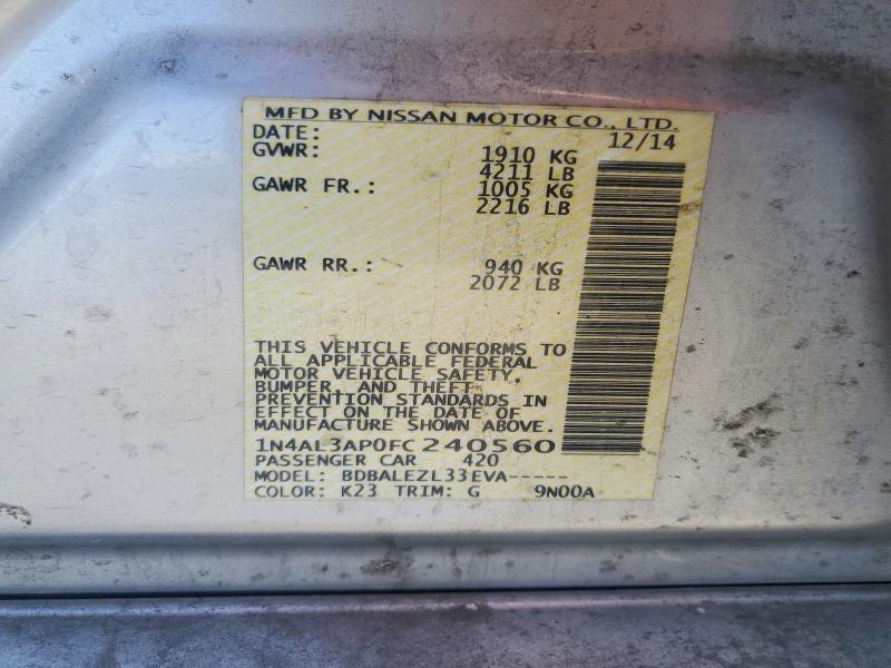 2015 Nissan Altima მანქანა იყიდება აუქციონზე, vin: 1N4AL3AP0FC240560, აუქციონის ნომერი: 61634266