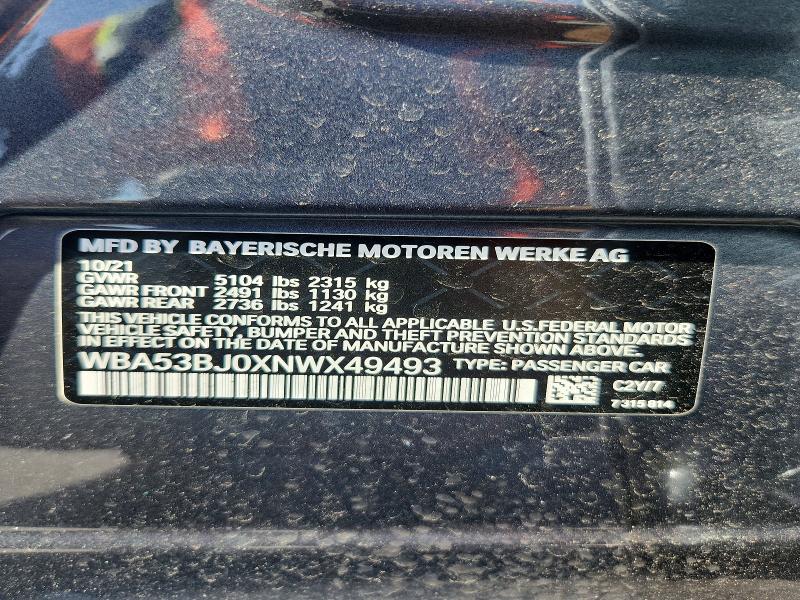 61090766 :رقم المزاد ، WBA53BJ0XNWX49493 vin ، 2022 Bmw 540 مزاد بيع