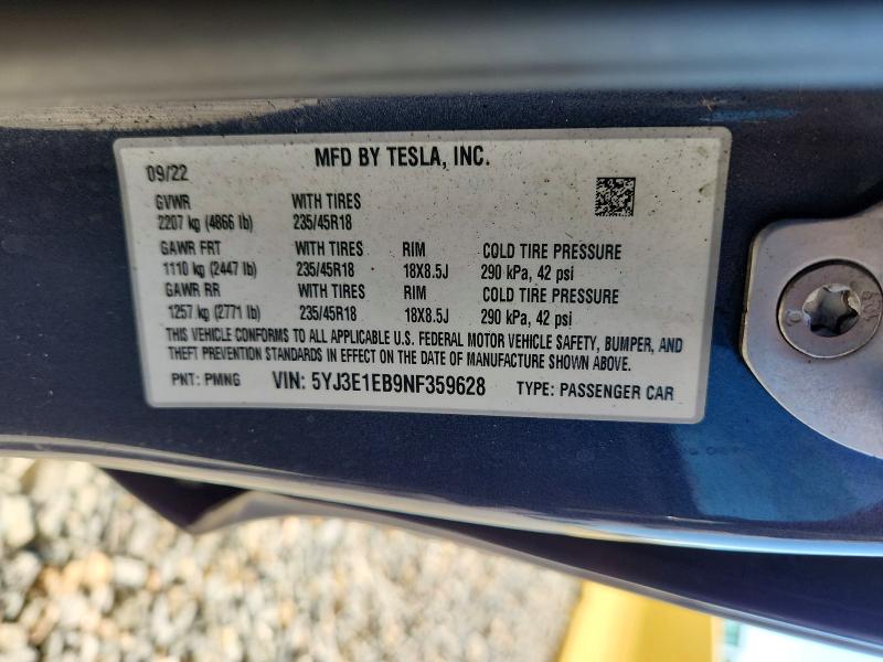 Aukcja sprzedaży 2022 Tesla Model 3, vin: 5YJ3E1EB9NF359628, numer aukcji: 62478146