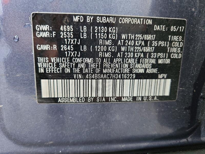 60304206 :رقم المزاد ، 4S4BSAAC7H3416229 vin ، 2017 Subaru Outback مزاد بيع