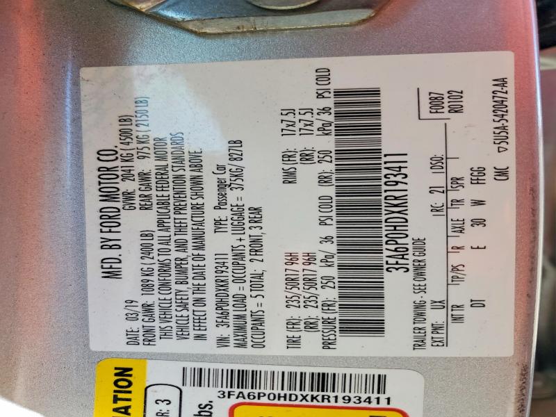 Продаж на аукціоні авто 2019 Ford Fusion, vin: 3FA6P0HDXKR193411, номер лоту: 63235236