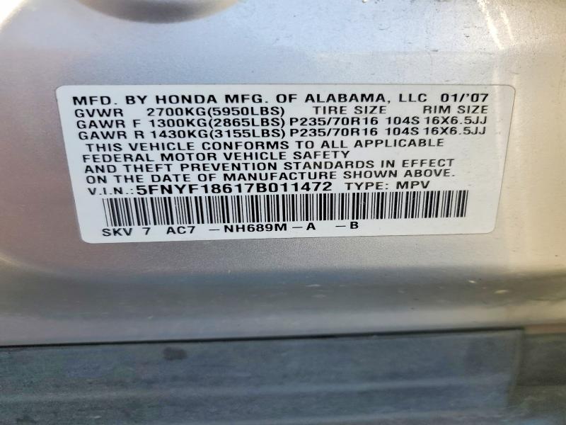 Продажа на аукционе авто 2007 Honda Pilot, vin: 5FNYF18617B011472, номер лота: 61794656