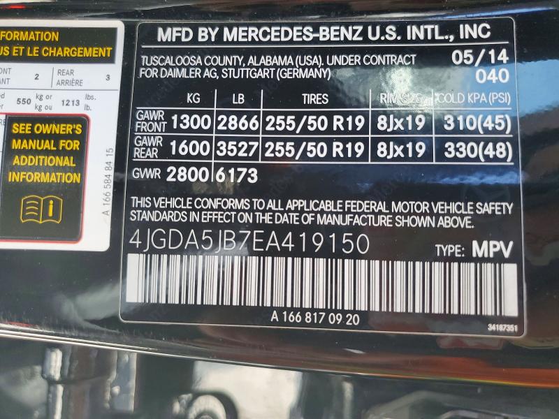 61084566 :رقم المزاد ، 4JGDA5JB7EA419150 vin ، 2014 Mercedes-benz Ml مزاد بيع