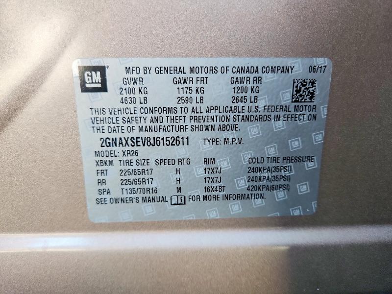 59850466 :رقم المزاد ، 2GNAXSEV8J6152611 vin ، 2018 Chevrolet Equinox مزاد بيع