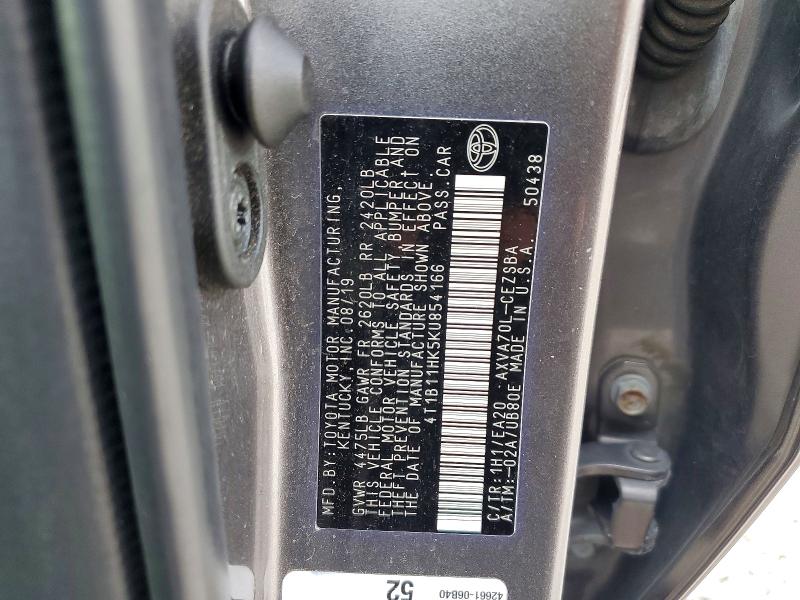 2019 Toyota Camry მანქანა იყიდება აუქციონზე, vin: 4T1B11HK5KU854166, აუქციონის ნომერი: 62448646